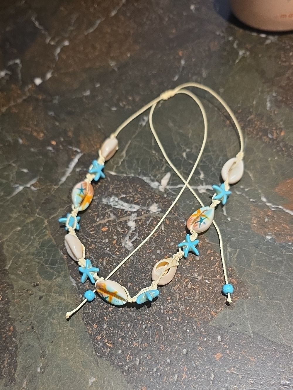 Shell & Turquoise Star Beach Anklet Necklace - Cream and Blue
